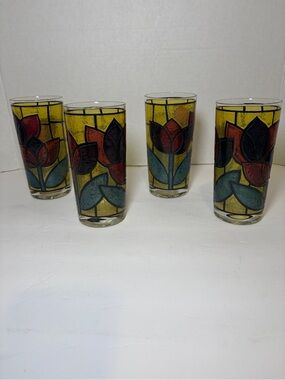 Vintage West Virginia Glass "Stained Glass Tulips" highball glass. Set of 4